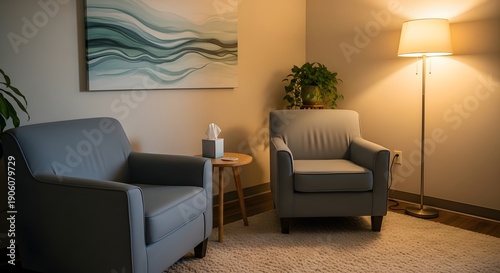 Cozy therapy office two armchairs soft light neutral tones welcoming environment mental wellness background