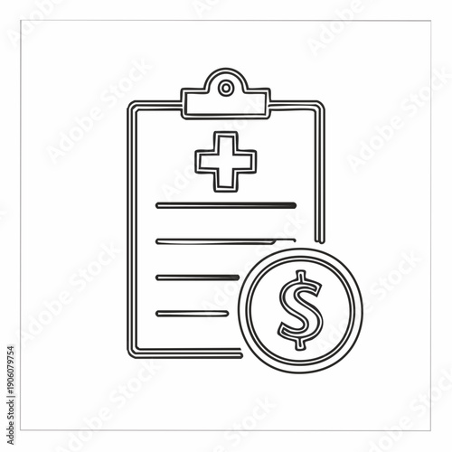 Medical clipboard with cross symbol and dollar coin, representing healthcare costs and financial aspects of health services.