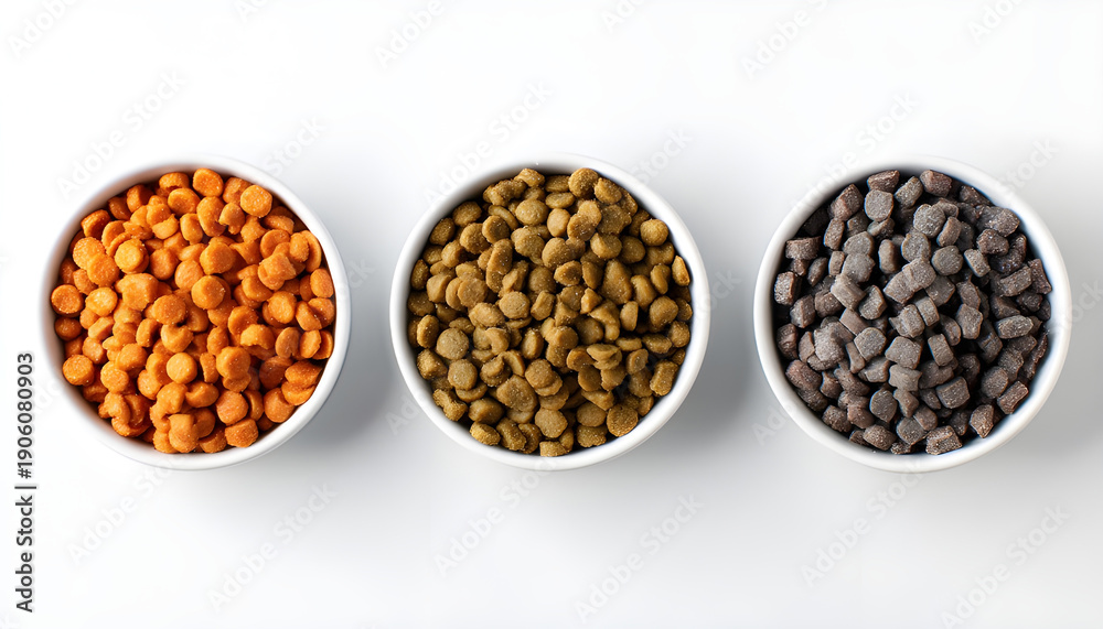Fototapeta premium Wet pet food on white background, top view. Set