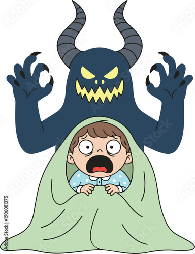 Terrified child in pajamas hiding under a blanket from a horned blue monster, clean line art vector illustration
