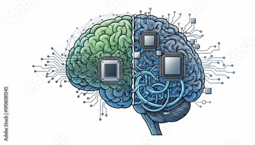 Illustration of a divided human brain with microchips and circuitry.