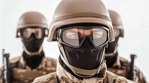 Silent Guardians: A regiment of battle-ready soldiers, clad in combat gear and armed with unwavering resolve, stand at attention, ready to face any challenge that comes their way. Their focused gaze.