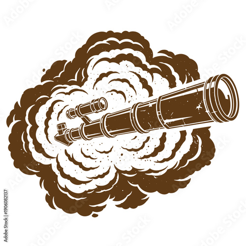 Vintage Grunge Telescope with smoke coming out of it in a vintage style for astronomy and space exploration concepts