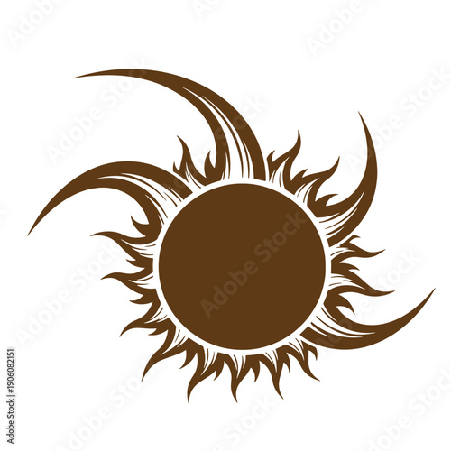 Vintage Grunge stylized sun symbol with flame like rays on white background