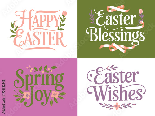 A colorful Easter graphic design with Happy Easter, Easter Blessings, Spring Joy, and Easter Wishes written in floral script.