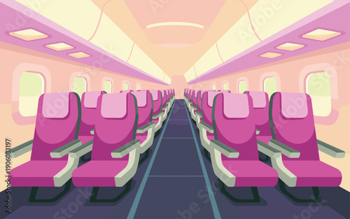 Airplane interior illustration showing rows of pink seats and empty aisle viewed from the rear towards the front