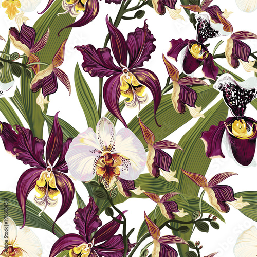 Fashion hand drawn orchid flowers pattern vector illustration in vintage style