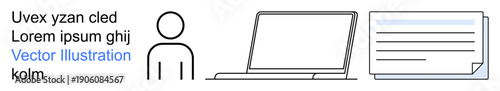 Digital communication, workflow management, online documentation, education tools, remote work, user identity. Icon-style person next to a laptop and document. Digital communication and workflow