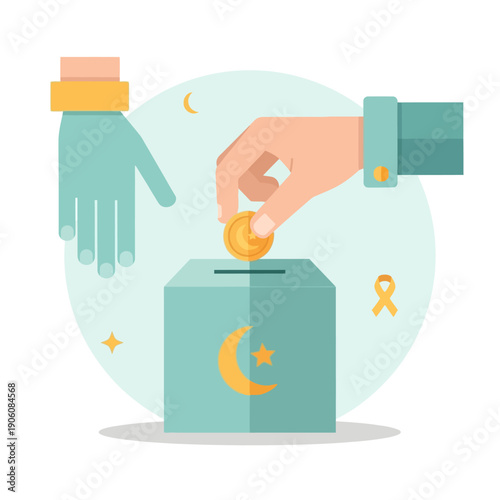 Donation being made to charity box with crescent moon symbol during daylight from a close-up view