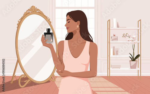 Woman sitting on floor in front of mirror holding skincare product in a serene room with natural light
