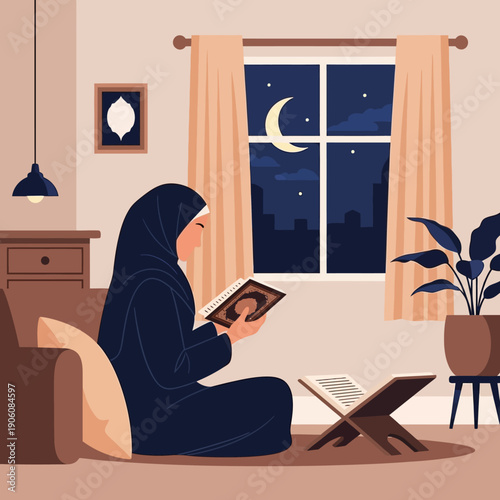 Woman in hijab reading a book by the window at night with a crescent moon visible outside