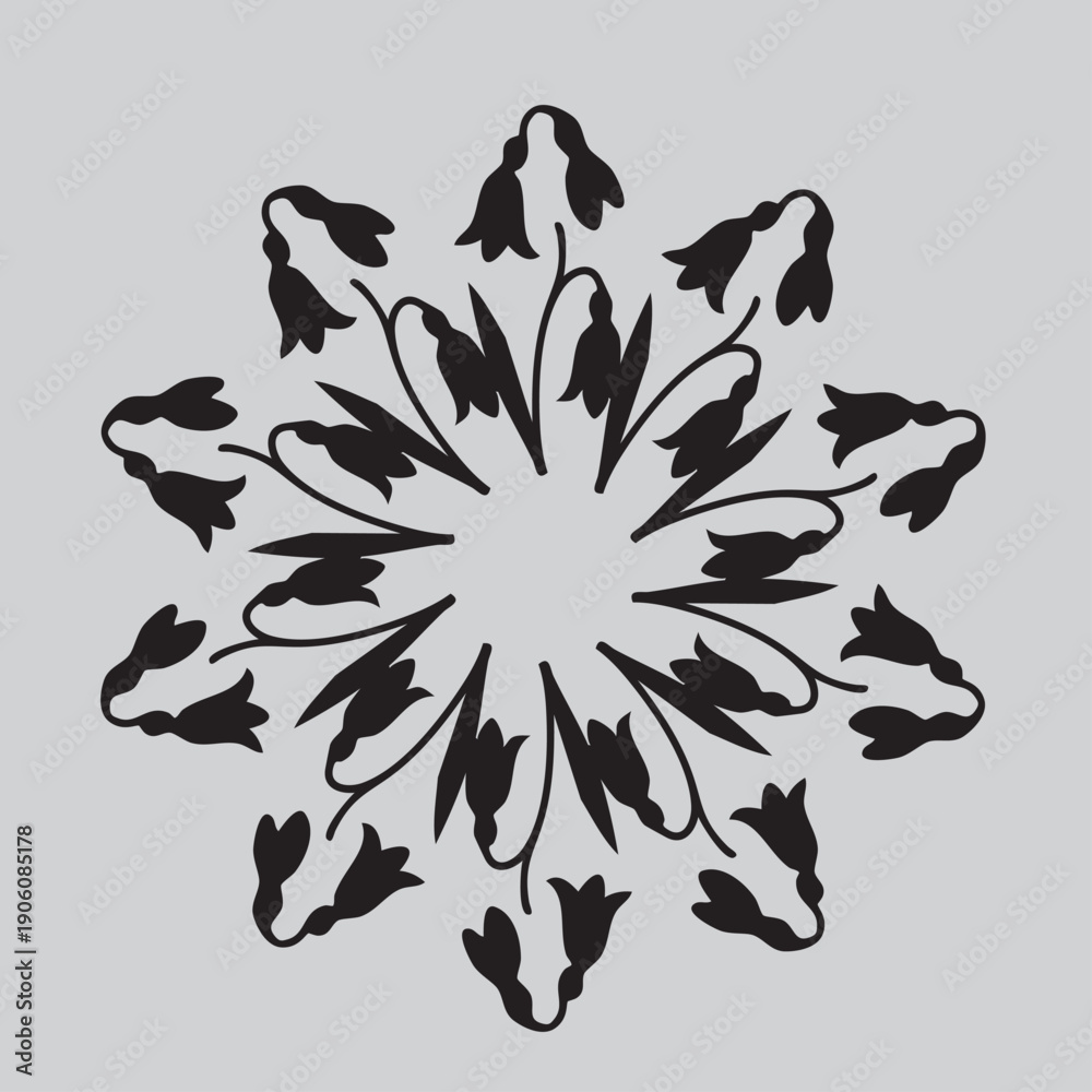 Naklejka premium Abstract floral background featuring a black and white flower ornament vector design with tribal butterfly silhouettes, vintage swirls, and nature elements in a symmetrical leaf pattern illustration.