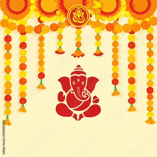 Celebratory Ganesha decoration with vibrant marigold garlands and traditional motifs