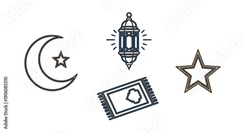 Islamic symbols including crescent moon, star, lantern, and prayer mat depicted in simple line art