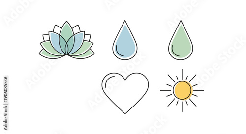 A collection of simple illustrations featuring a succulent, water droplets, a heart, and a sun against a clean background.