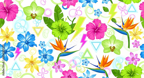 Vibrant floral arrangement with tropical flowers and leaves in a lively pattern viewed from directly above