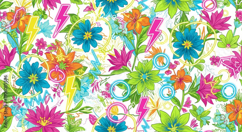 Vibrant floral pattern with colorful flowers and lush foliage in a lively illustration