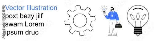 Innovation, business solutions, creativity, teamwork, technology, productivity. a gear, light bulb and a professional holding an idea. Innovation and business solutions concept