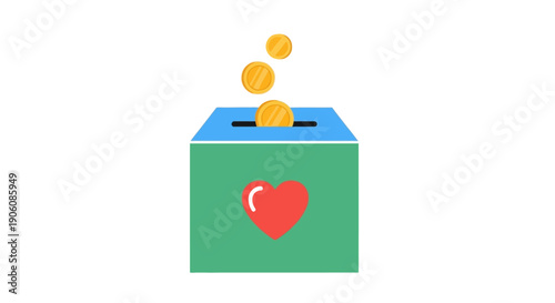 Coins being dropped into a charity donation box with a heart symbol on it