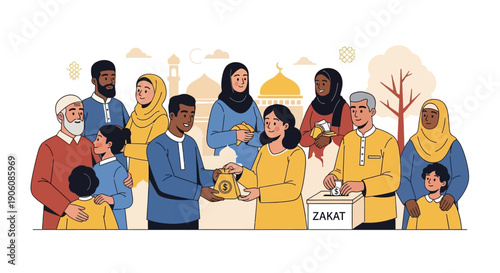 A diverse group of people gathering to donate and receive zakat in a serene community setting