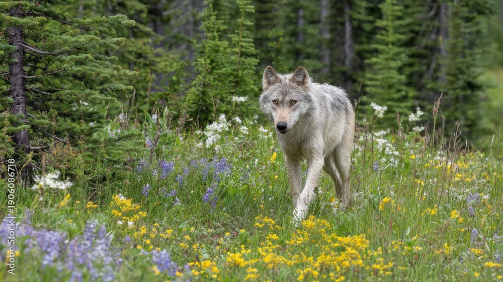 Fototapeta premium Gray wolf walking through wildflower meadow in forest landscape.