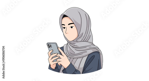 A young woman wearing a hijab holding a smartphone and browsing online from a close-up viewpoint