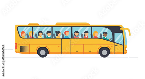 A vibrant yellow tour bus carries diverse passengers along a road depicted as a flat silhouette high quality professional detailed modern elegant
