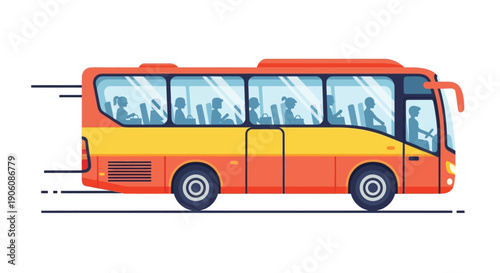 A vibrant colorful illustration depicts a full passenger bus traveling along a track featuring a bold silhouette high quality professional detailed modern