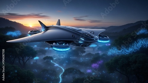 a futuristic spaceship flying over a forest at night