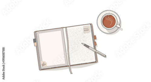 An open notebook with a pen and a cup of coffee on a table, viewed from above