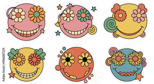 A set of colorful cartoon faces with floral decorations and playful expressions on a clean background from a direct viewpoint