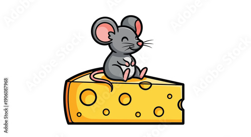 A charming cartoon mouse happily sits atop a wedge of swiss cheese a delightful silhouette high quality professional detailed modern elegant stylish