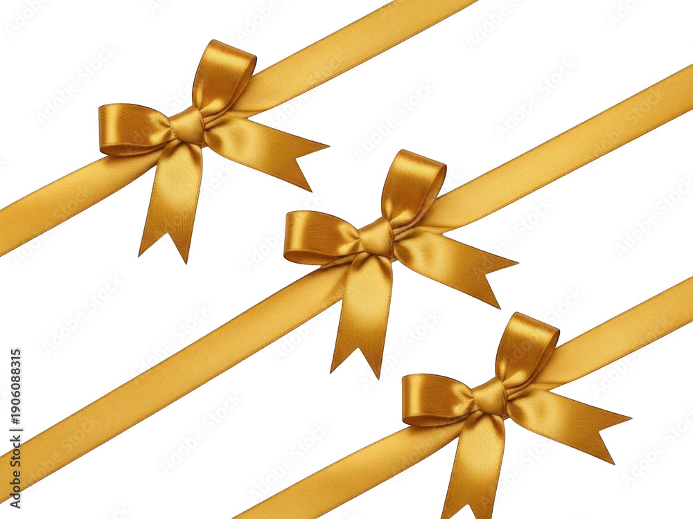 Fototapeta premium Three golden ribbons with bows isolated on transparent background