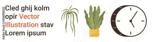 Home decor, time management, indoor plants, minimalism, modern design, lifestyle branding. Two potted plants and an analog clock with placeholder text in a clean layout. Home decor and lifestyle