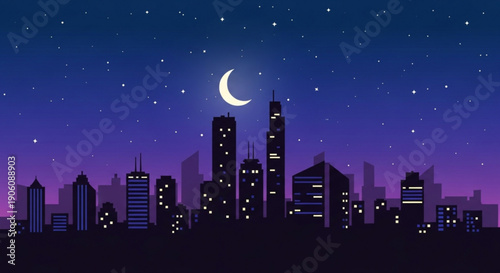 City skyline at night with crescent moon and stars in purple sky urban landscape silhouette with glowing windows