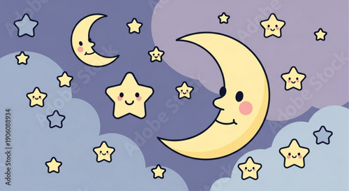 Smiling crescent moons and stars in a dreamy night sky with soft clouds and a serene atmosphere at dusk