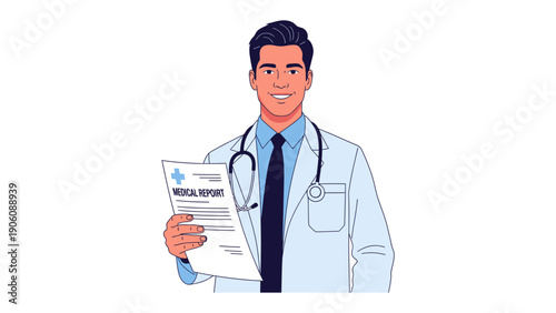Friendly Doctor with Report: A friendly doctor, stethoscope around his neck, presents a medical report with a confident smile, ready to discuss the results and ensure patient care. 