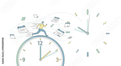 Busy person running on clock with schedules and calendars flying around representing time management and productivity
