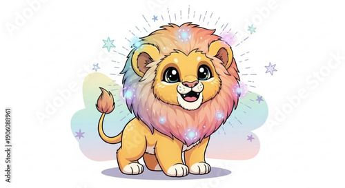 Cute cartoon lion with colorful mane and stars smiling and standing on white background illustration for kids