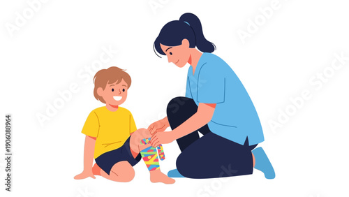 Caring Touch: An adult kneels, gently attending to a child's needs, creating a scene of nurturing and care.