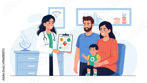 Wellness Discussion: A doctor and a happy family consult about their well-being, sharing knowledge and guidance for a vibrant, healthy lifestyle. 
