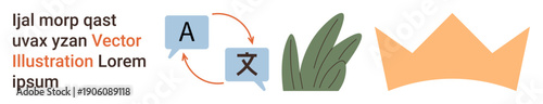 Language learning, translation, nature , royalty concepts, graphic design, education tools. Speech bubbles with arrows, green plant orange crown. Language learning and nature themes concept