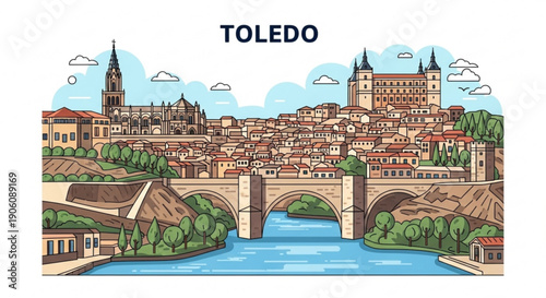 Toledo cityscape with river and bridge spain travel tourism landscape architecture