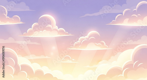 Sunlit fluffy clouds in pastel purple pink and yellow hues with soft rays and serene atmosphere in a dreamy sky