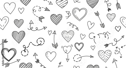 Hand drawn hearts and arrows on white background for love valentine's day or romantic concepts