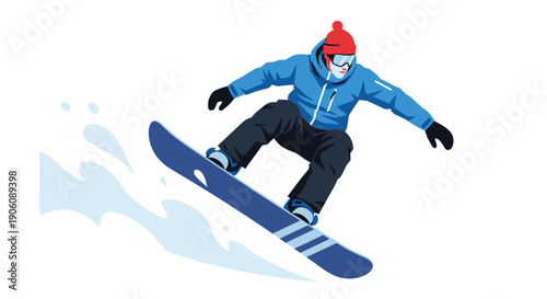 A dynamic illustration depicts a snowboarder in mid air performing a trick against a white backdrop silhouette high quality professional detailed modern elegant