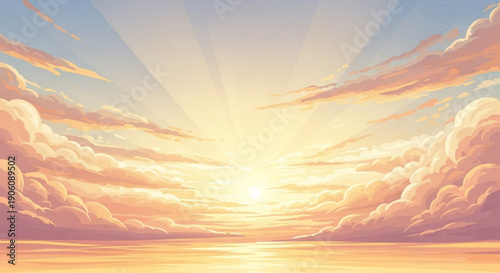 Serene sunrise with warm sunlight and fluffy clouds over calm waters reflecting vibrant colors of dawn sky