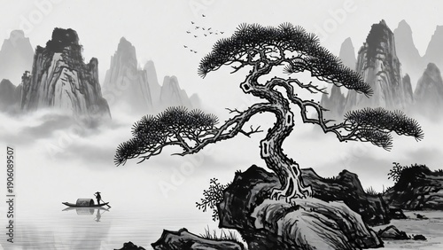 a man in a boat on the water near a tree