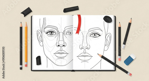 Face drawing tutorial sketchbook with pencils and erasers on beige background
