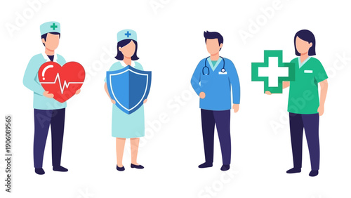Healthcare Professionals: A dedicated team of medical experts, each holding symbols of care, protection, and well-being. This visual represents a commitment to health and community.